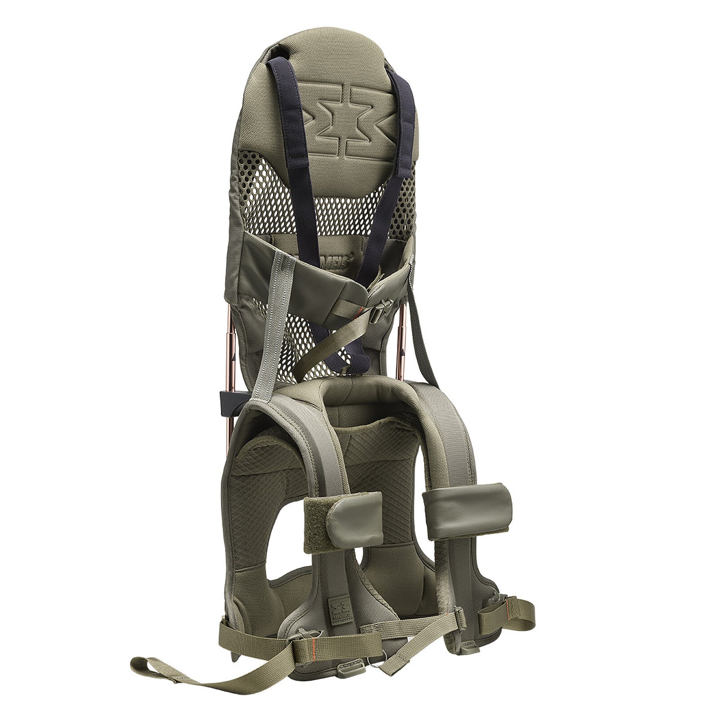 Porte-bébé MiniMeis G5 Olive Premium porté sur le dos avec enfant 1
