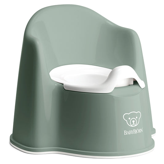 Pot fauteuil BabyBjörn vert profond et blanc – vue de face 01

