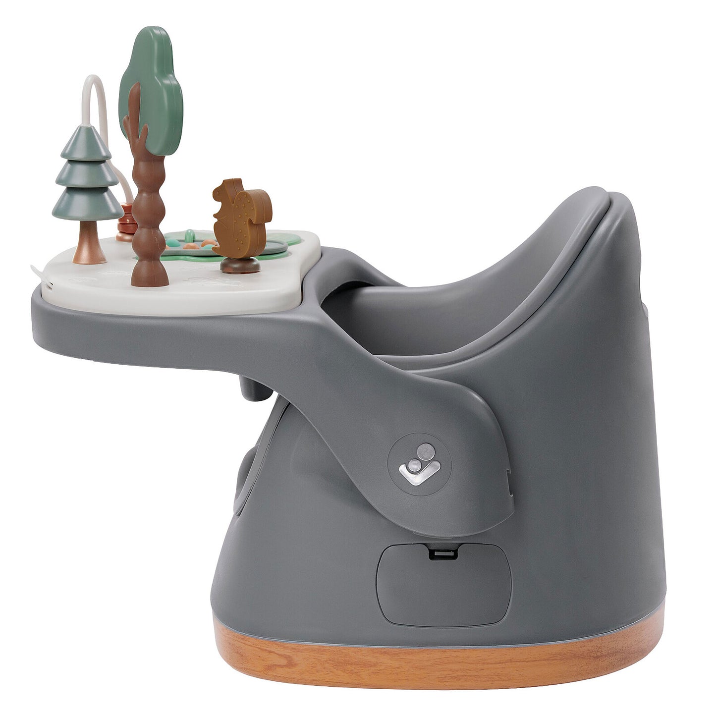 Accessoires du rehausseur de chaise Maxi-Cosi Jay Plus avec tablette amovible et harnais de sécurité.