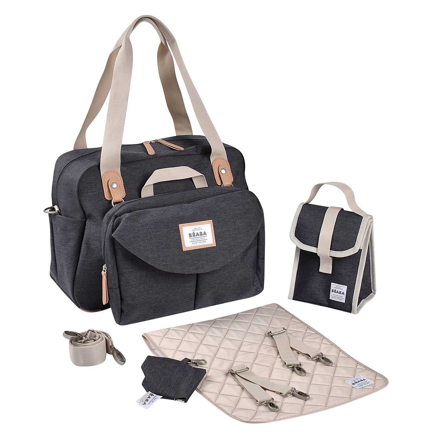 Intérieur du sac à langer Béaba Genève II Gris Chiné Foncé avec poches et accessoires