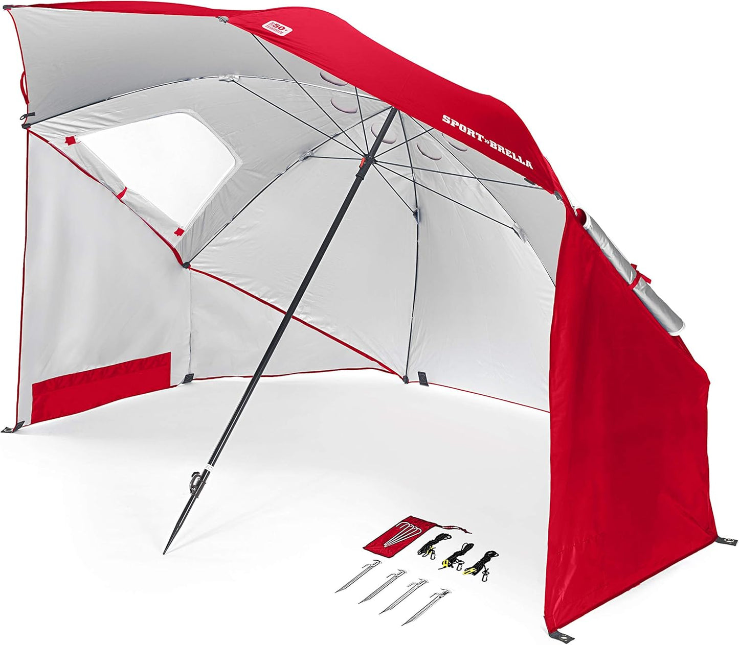 ALT : Parasol SportBrella BRE01-050-02 rouge, abri de plage compact avec protection solaire.