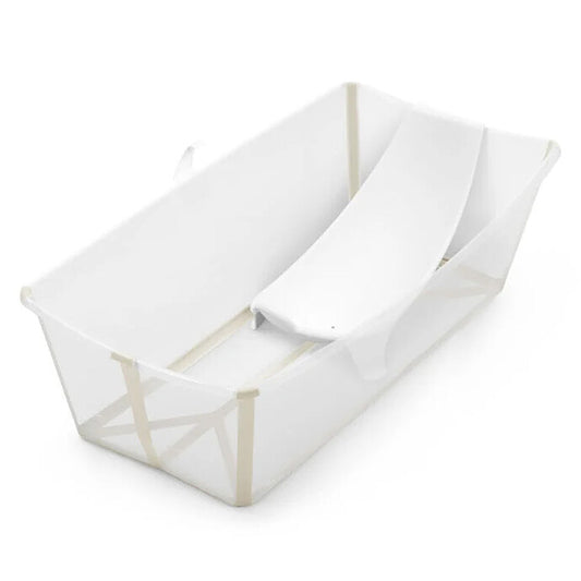 ALT : Baignoire pliable Stokke Flexi Bath X-Large beige sable avec transat intégré.