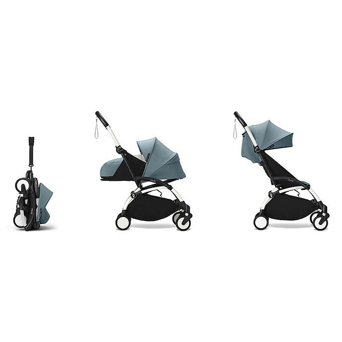 Poussette Stokke YOYO³ complète 0+ et 6 Aqua avec châssis blanc, compacte et évolutive dès la naissance pour les voyages et balades avec bébé