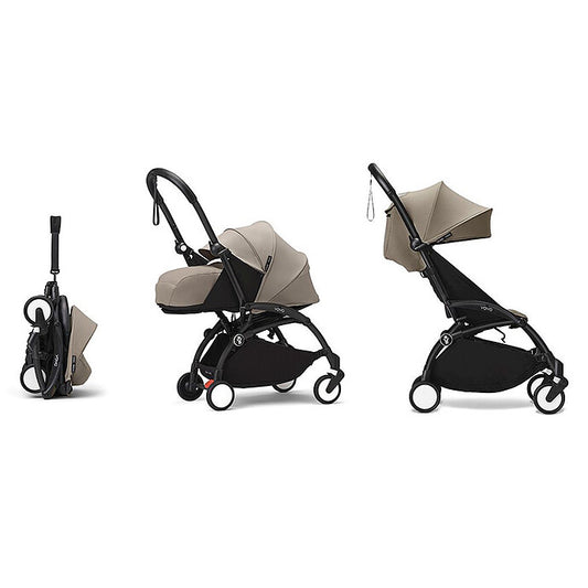 Poussette Stokke YOYO³ complète 0+ et 6 Taupe avec châssis noir, compacte et évolutive de la naissance à 4 ans
