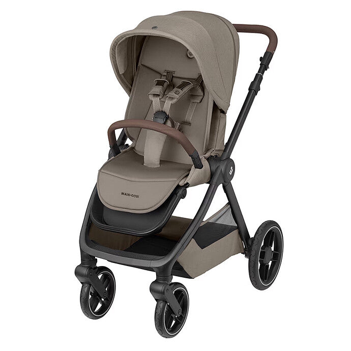 Poussette Stokke YOYO³ complète 0+ et 6 Taupe avec châssis noir, compacte et évolutive de la naissance à 4 ans