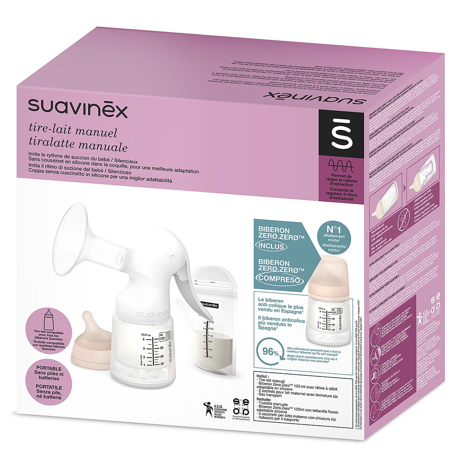 Tire-lait Suavinex démonté avec accessoires