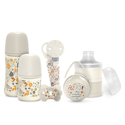 Détail du biberon Suavinex 270 ml beige avec tétine ronde.