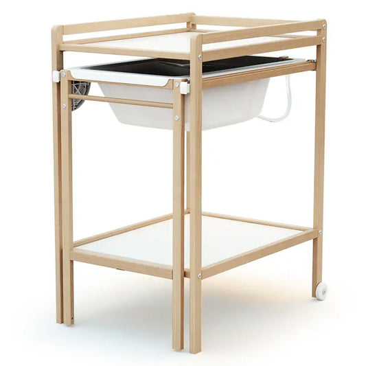 ALT : Table à langer et baignoire 2-en-1 WEBABY en hêtre, meuble bain bébé.